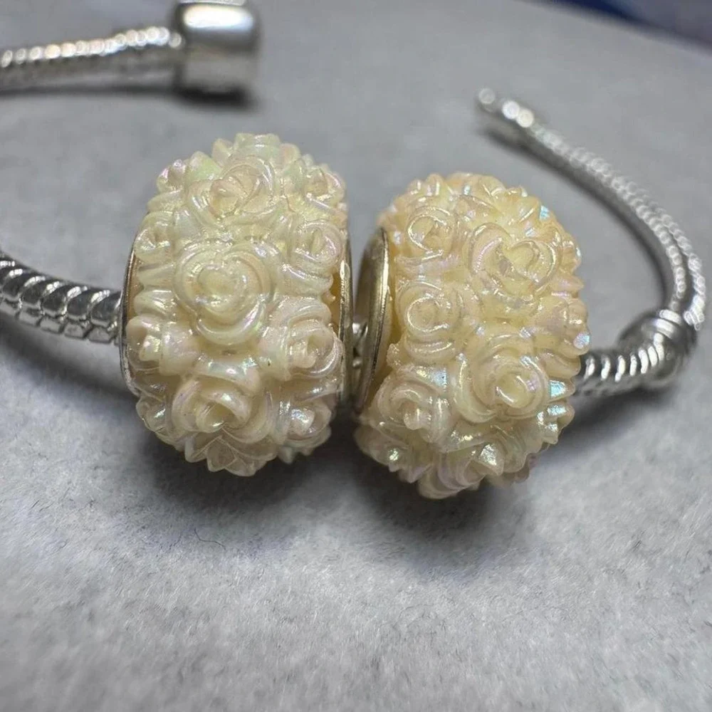 2Pcs Iridescent Yellow Rose Flower Beads Charm fits PANDORA